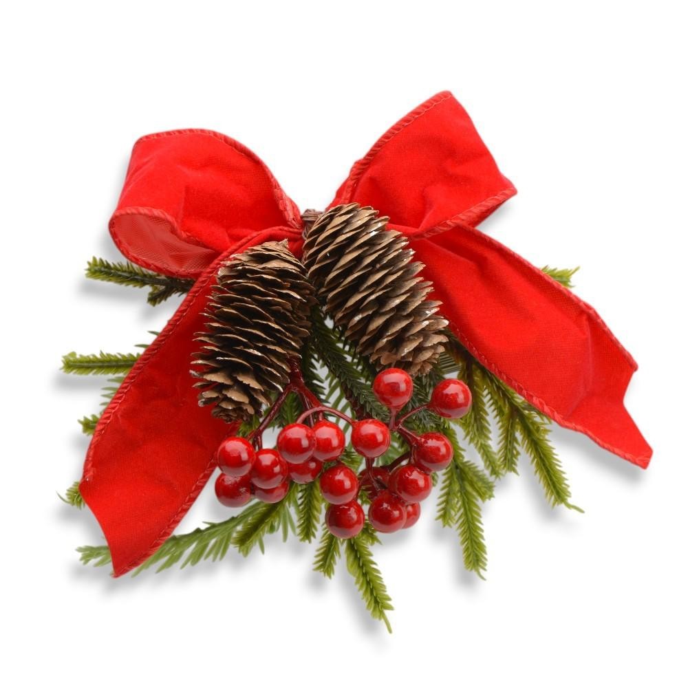 PICK CON NASTRO NATALE ROSSO E BACCHE